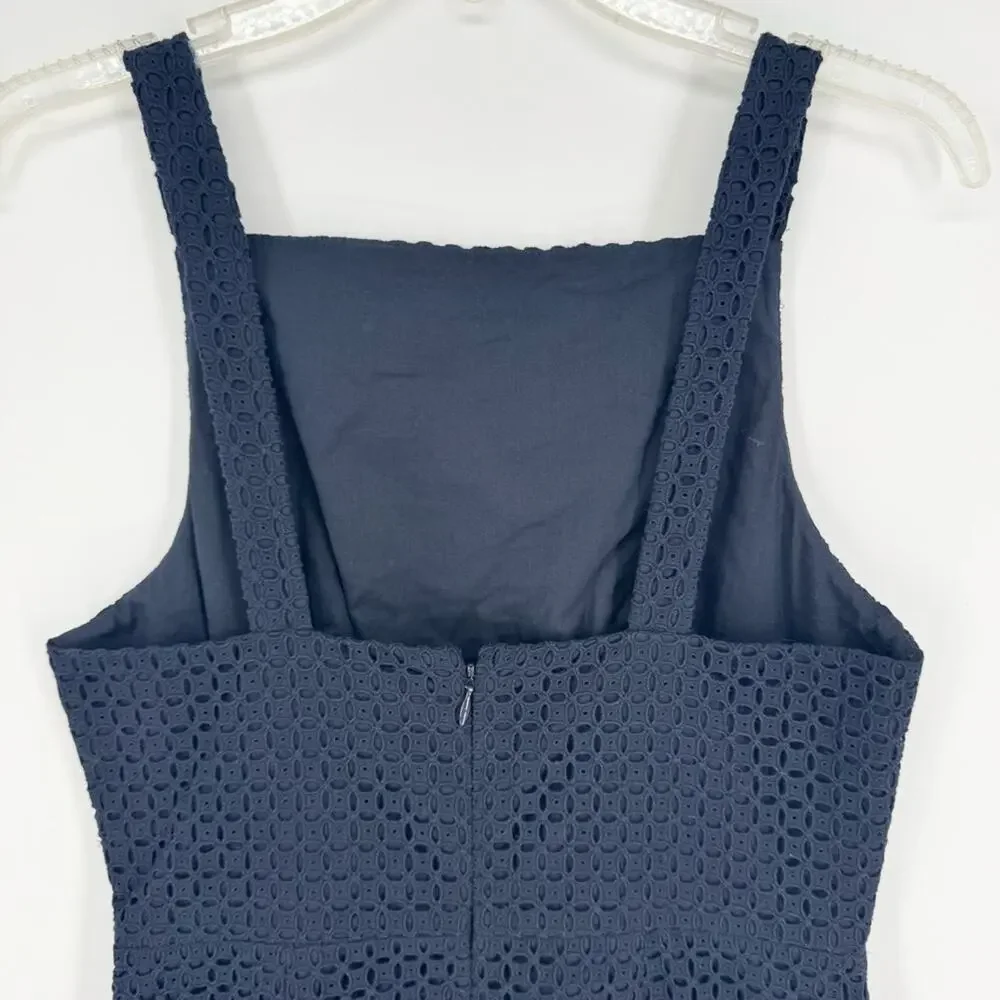NWT J. Crew Navy Blue Eyelet Apron Midi Sheath Dress Size 2 Office Cocktail Glam